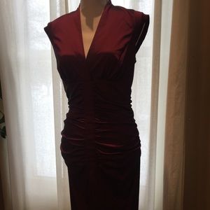 Shimmery body con shirred dress; dark magenta